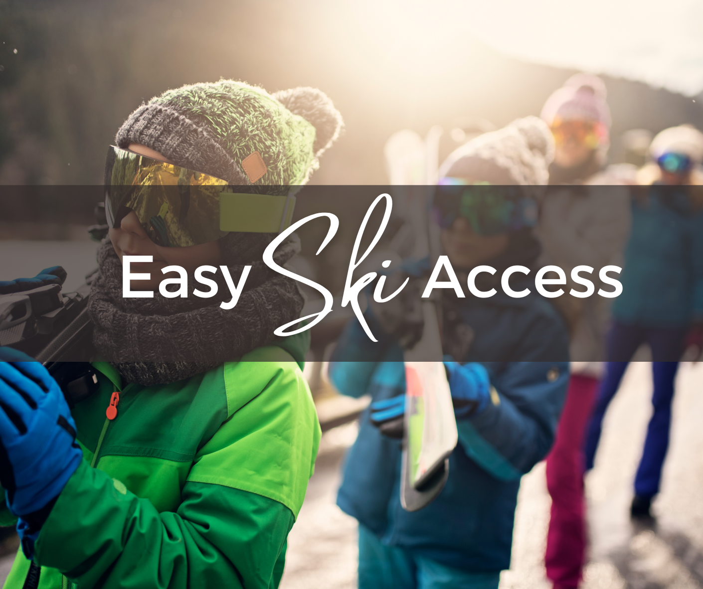 People Carrying There Skis Over There Sholders with Text Overlay Easy Ski Access