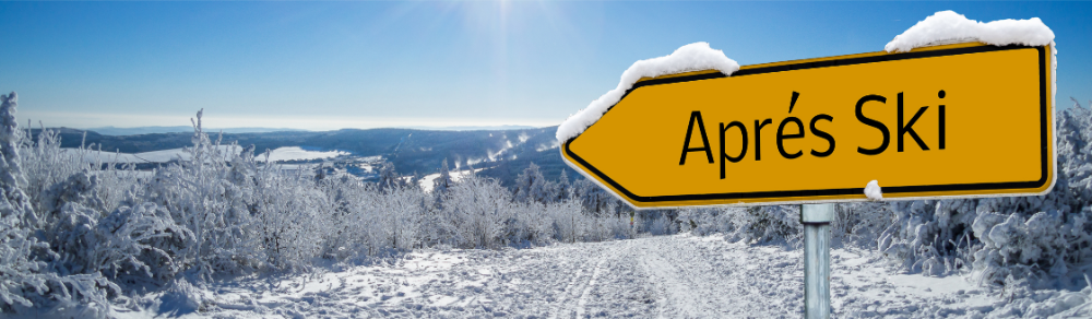 Apres Ski Sign with Ski Mountin in Background