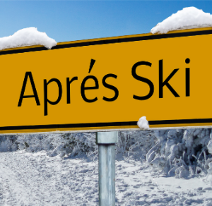 Apres Ski Sign in Winter with Snow