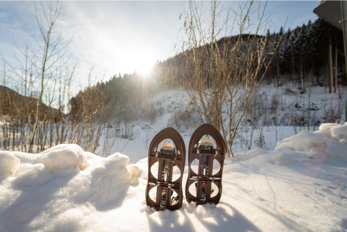Snowshoes in the sun in Big Sky Montana
