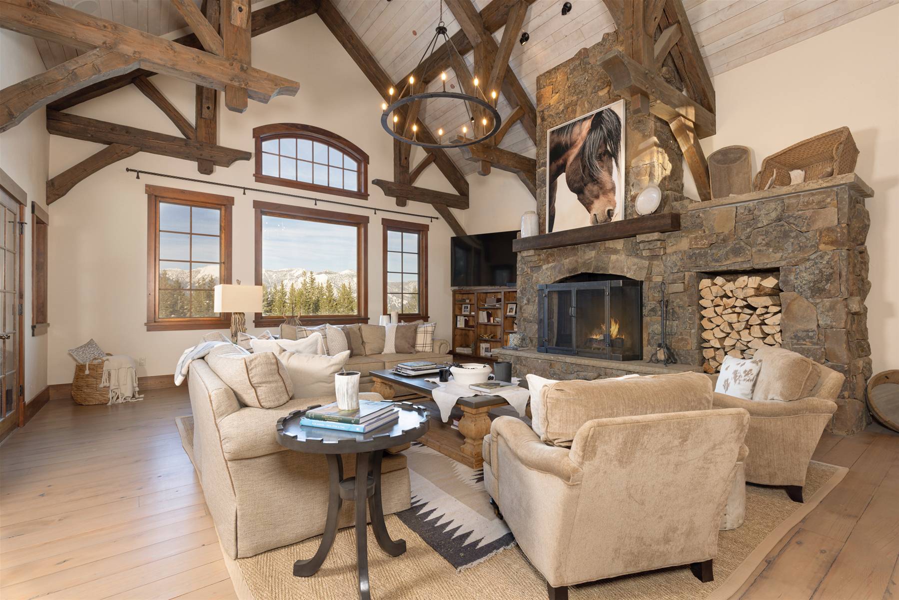 Living Room and Fireplace in Big Sky Vacation Rental