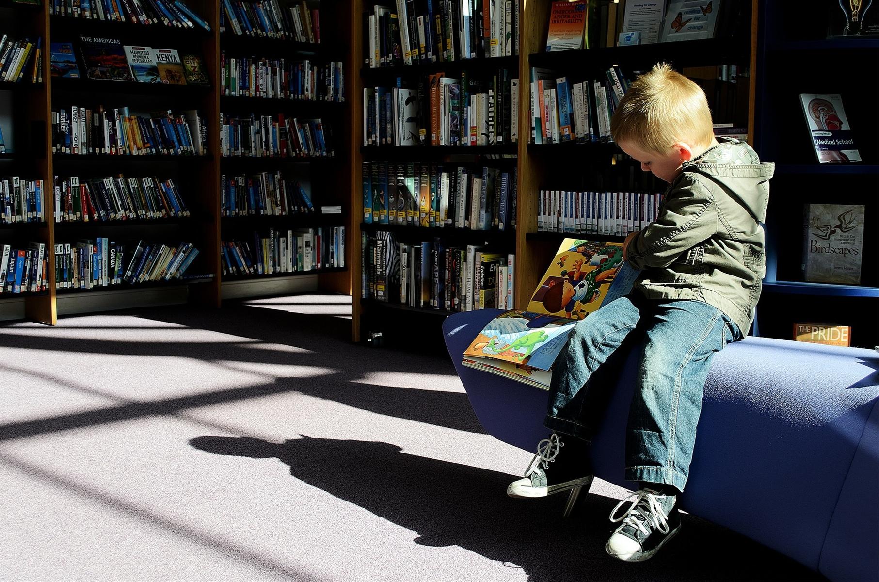 Kid Reading a Book in a Library
