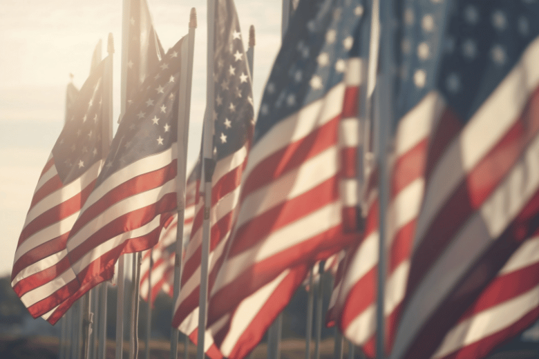 US Flags Fluttering in Wind